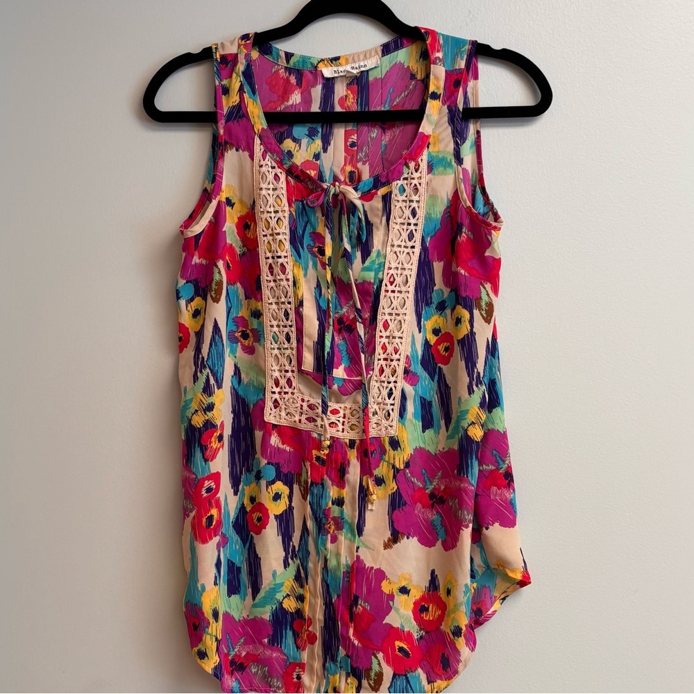 Black Rainn Vibrant Floral Boho Tank Top Small | Lace Detail Sleeveless Blouse